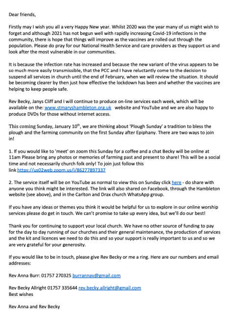 New Year Letter and notice re suspension